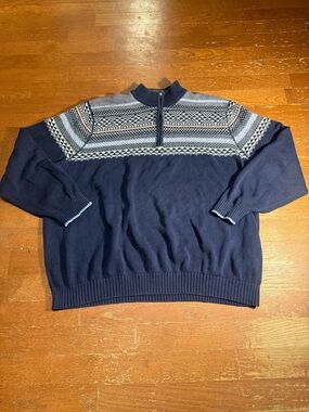Izod Navy Half-Zip Fair Isle Pullover with Light Blue Accents